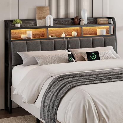 Ergonomic Headboard Queen Size with 2-Tier Storage, Black & Grey