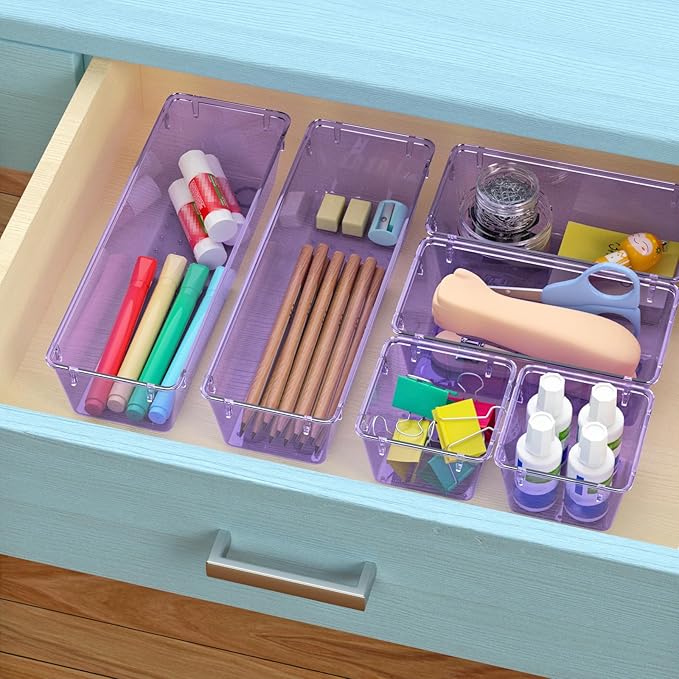 WOWBOX 9 Pack Clear Drawer Organizer Set, Acrylic Drawer Storage Trays, Storage Bins for Makeup, Cosmetics, Jewelries, Utensils, Gadgets, Office, Purple