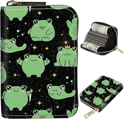 BWEGRHE Cute Credit Card Holder with Zipper, Princess Frog RFID-Blocking Card Case Small Wallet for Women Men, Multi-slot Card Organizer Case Travel Accordion Wallet