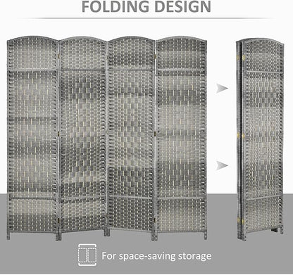 HOMCOM 4 Panel Room Divider, 6' Tall Folding Privacy Screen, Hand-Woven Freestanding Wood Partition for Home Office, Bedroom, Mixed Gray