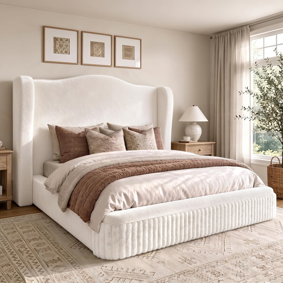 Queen Size Cloud Bed Frame with 49.61" Wingback Headboard, White