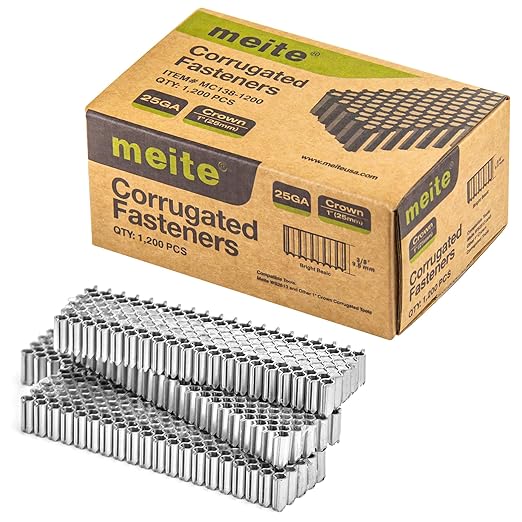 meite Corrugated Fasteners MC138 25 Gauge 1-Inch Crown 3/8-Inch Length Staples Corrugated W Fasteners for Pneumatic Corrugated Tools, for Woodworking Projects (1,200 Counts/Box)