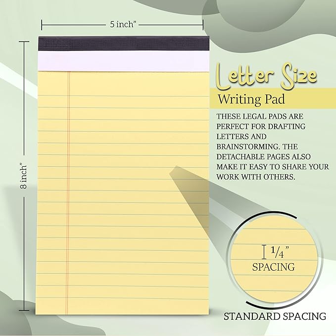 Emraw Jr. Legal pad, legal/wide Ruled Writing Pad. Perforated Edge. 5" X 8" Canary Yellow, Universal, Junior Size 50 sheets per Pad (Pack of 6)