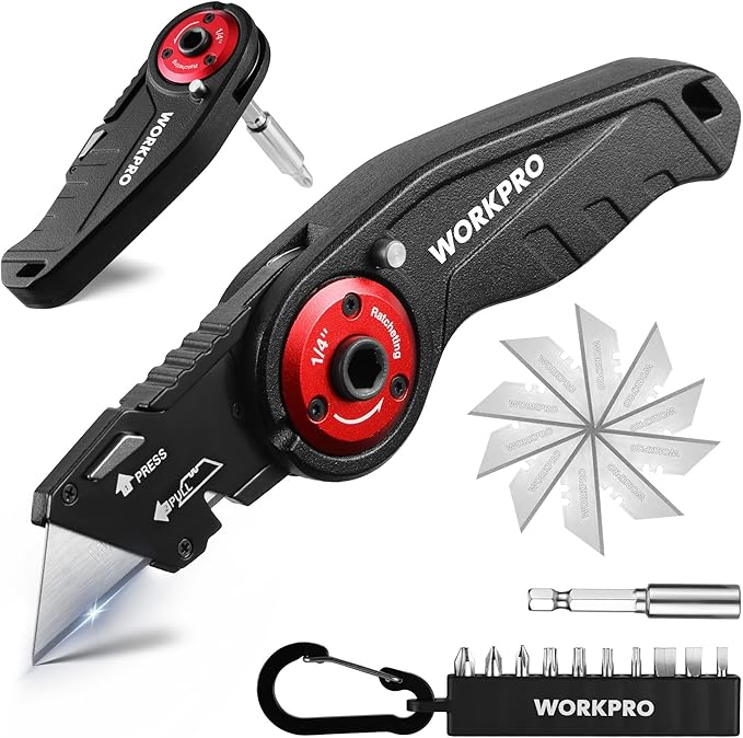 WORKPRO Folding Utility Knife, 2-in-1 Multitool Knife with Ratcheting Screwdriver, Box Cutter Quick Blade Change, EDC Heavy Duty Work Knife with Extra 10 Bit Sets and SK5 Blades