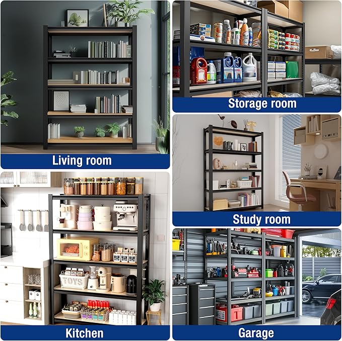 WORKPRO House 3000lbs 5-Tier Shelving Unit, 72" H Adjustable Storage Shelves, Boltless Book Shelf, Shelf Organizer for Kitchen, Living Room, Bathroom, Wood Grain Pattern, Waterproof Board, Black