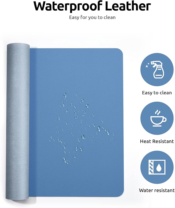 YSAGi Leather Desk Protector, Office Mat, Large Mouse Pad, Non-Slip PU Leather Blotter, Laptop Desk, Waterproof Writing Pad for Office and Home (Sea Blue, 35.4" x 17")