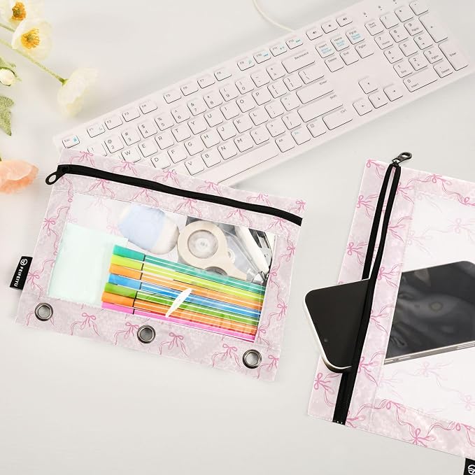 Wamika Bowknot Pink Binder Pouches 3 Ring for Boys Girls School Office College Supplies Cute Bow Ribbon Tie Pencil Pouches Case Bag with Clear Window and Zipper 2 pack