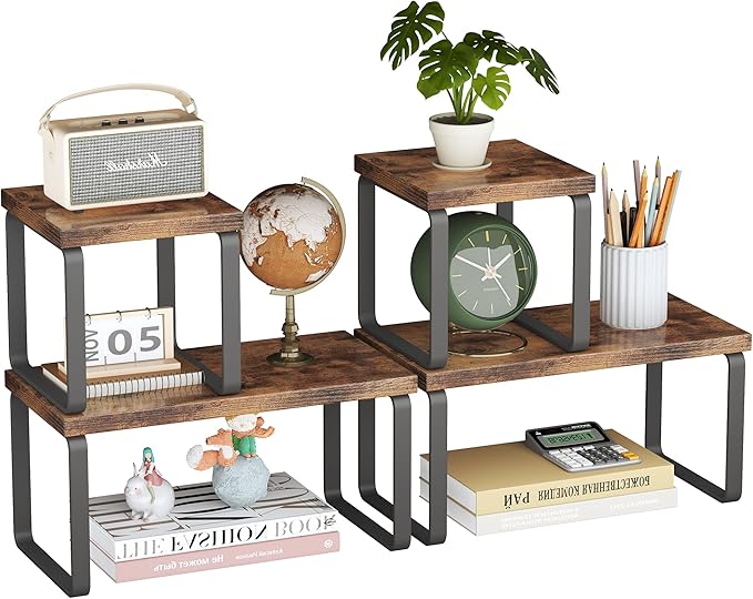 2 Sets Wooden Desktop Organizer Shelf, 2-Tier Adjustable Freestanding Bookshelf Desk Shelf, Stackable Desk Organizer for Office, Dorm, Bedroom, Space Saving, Easy Assembly, Rustic Brown (2 Pack)