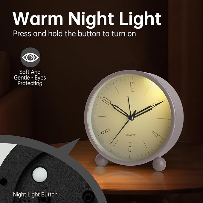 Analog Alarm Clock, 4 inch Super Silent Non Ticking Small Clock with Night Light, Battery Operated, Simple Design, Old Fashioned Style Cream Decor, for Bedroom, Bedside, Desk, Adult, Kid, Gift, White