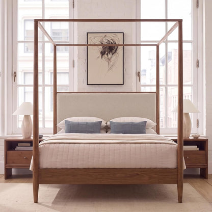 Queen Size Wood Canopy Bed with Upholstered Headboard, Walnut