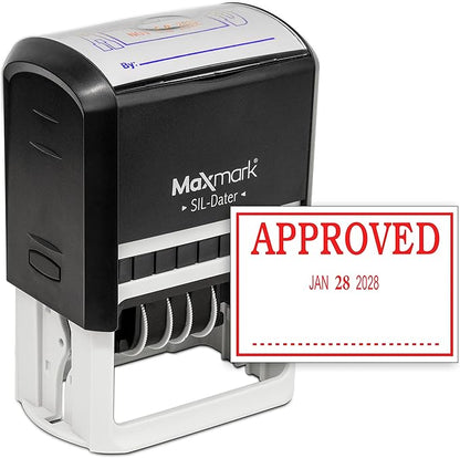 MaxMark Large Self-Inking Rubber Date Office Stamp with Approved Phrase & Date - Red Ink, 12-Year Band - Style 3