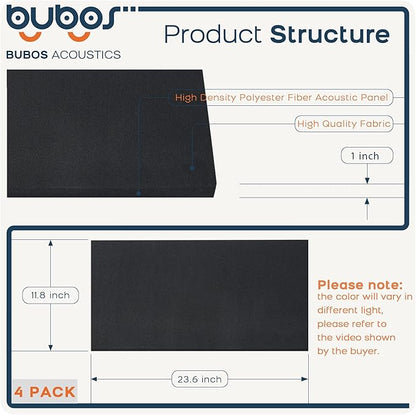 BUBOS 4 PCS Acoustic Panels,23.6''x11.8'' Fabric Soundproof Wall Panels,Self-adhesive Sound Absorbing Panels for Studios, Office, Home Theater,Fabric-Clad Black