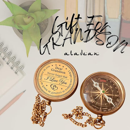Gift for Grandson Brass Compass Engraved Quote | Memory Present to My Grandson Birthday, Baptism, Graduation, Confirmation, Love, Gift idea by Grandpa Grandma