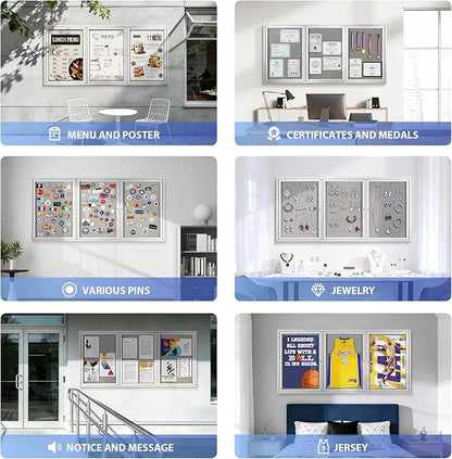 SWANCROWN Weather Resistant Enclosed Bulletin Board Gray Fabric Displays Boards Wall Mounted Notice Cabinet with Three Locking Doors, 70x36 inches