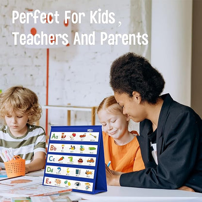 Desktop Pocket Chart, 120 Dry-Erase Double Sided Cards Includes 26 Letters with Images and 120 First Words, Self-Standing Tabletop Pocket Chart for Kids Teacher Classroom Home Use (13 X 12inch)