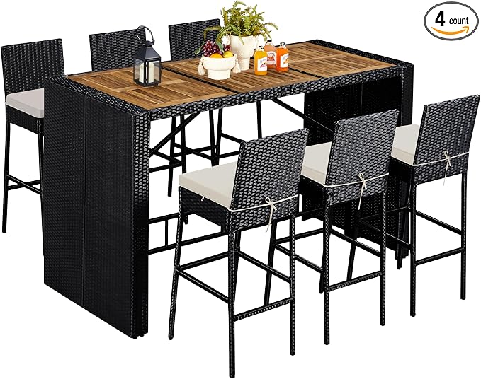 7 Piece Patio Dining Set Outdoor Acacia Wood Bar Table and Chairs