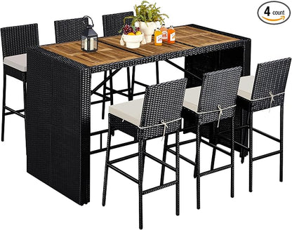 7 Piece Patio Dining Set Outdoor Acacia Wood Bar Table and Chairs