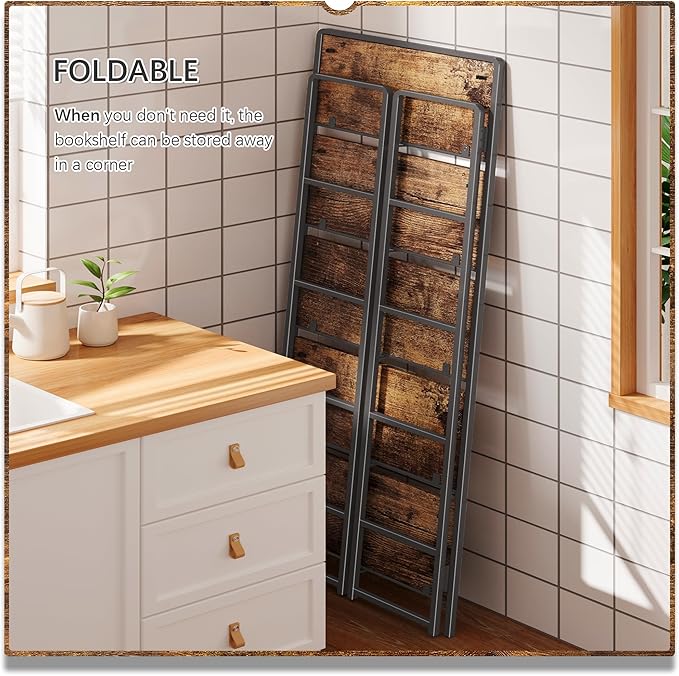 4NM No Assembly 5 Tiers Folding Bookshelf Storage Shelves Vintage Bookcase Standing Racks Study Organizer Home Office (Rustic Brown Black)