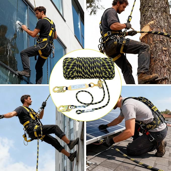 25FT Heavy Duty Fall Protection Safety Rope, Vertical Lifeline Assembly with Shock Absorber & Grab Snap Hooks, Rope Harness Safety Lanyard for Tree Climbing Roofing Safety