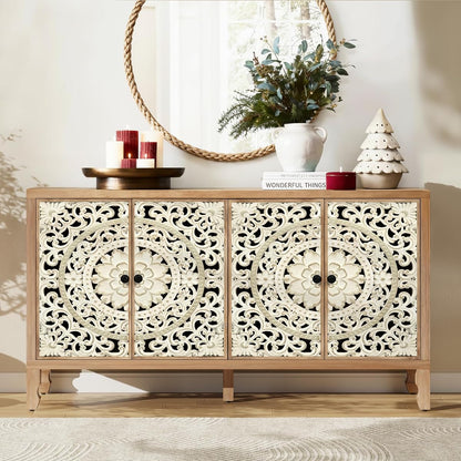 59" Solid Wood Buffet Cabinet, Accent Cabinet with 4 Carved Doors