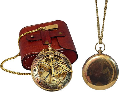 Handcrafted Vintage Brass Sundial Compass – Antique Nautical Sun Clock with Leather Case – Engraved Collectible Brass Compass Gift for Men - Nautical Gifts for Men, Best Anniversary Vintage Gifts