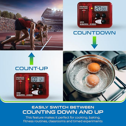 Sper Scientific Continuous Alarm Timer with Count Up Count Down & Visual Indicator 810045 - Bright LED Alarm & 9999-Minute Range - Portable Design for Cooking, Experiments, Fitness & More