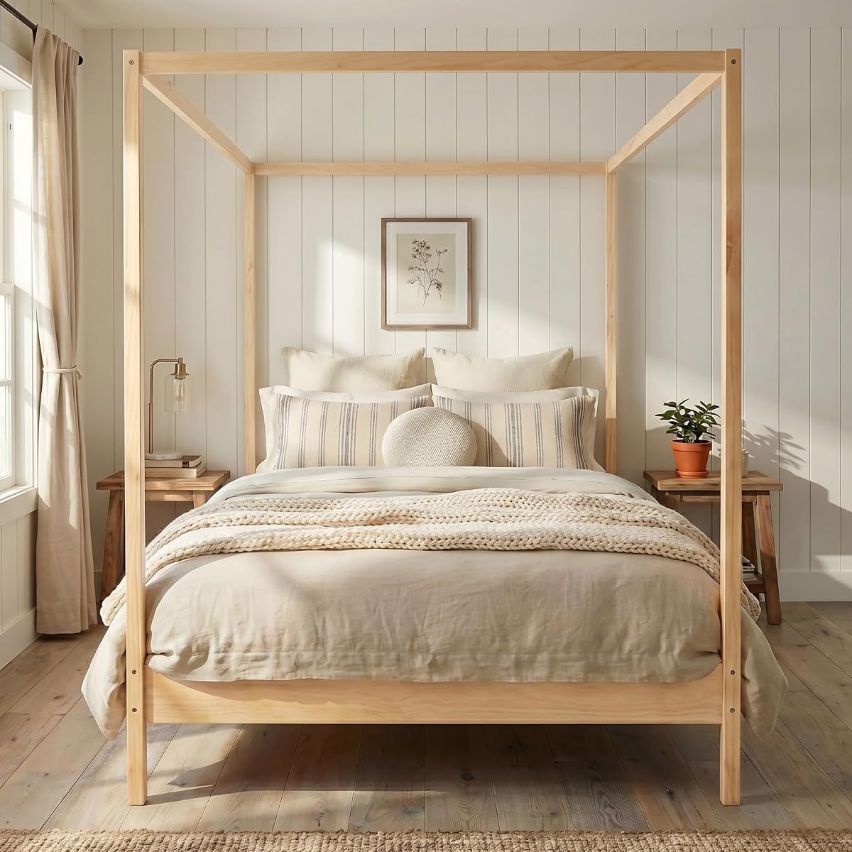 Wooden Canopy Bed with Four Posters, King Size Canopy Bed Frame & 8.3" Storage Space Under Bed, Solid Wood Slats Support, No Box Spring Needed, Easy Assembly, Natural