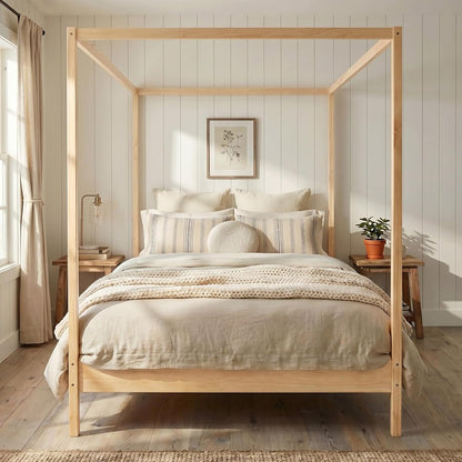 Wooden Canopy Bed with Four Posters, King Size Canopy Bed Frame & 8.3" Storage Space Under Bed, Solid Wood Slats Support, No Box Spring Needed, Easy Assembly, Natural