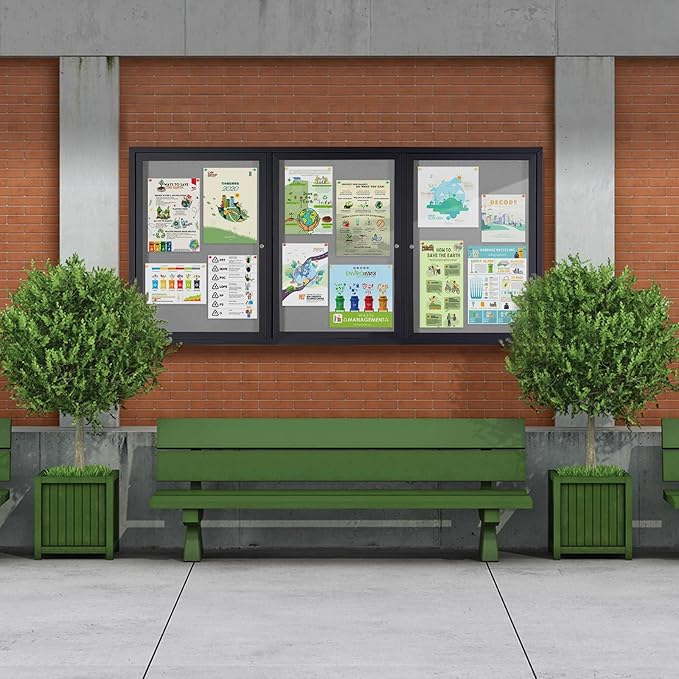 SWANCROWN Outdoor Bulletin Board 70x36in, Enclosed Bulletin Board with Locking Door for Office School Commerce, Grey Felt, Black Aluminum Frame