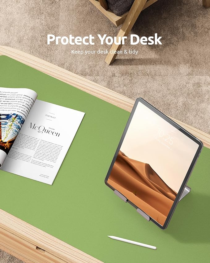 YSAGi Leather Desk Protector, Office Mat, Large Mouse Mat, Non-Slip PU Leather Blotter, Laptop Pad, Waterproof Writing Pad for Office and Home (Leaf Green, 31.5" x 15.8")