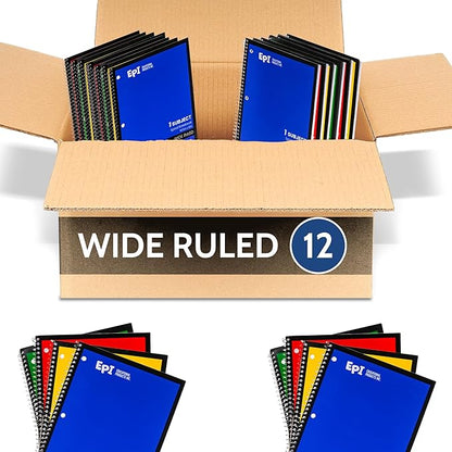 EPI Spiral Notebook | Wide - 70 Sheets, Durable Spiral Binding | 10.5 x 8 in | Classroom Supplies | School, Office, Note Taking, Journaling - 12 Pack
