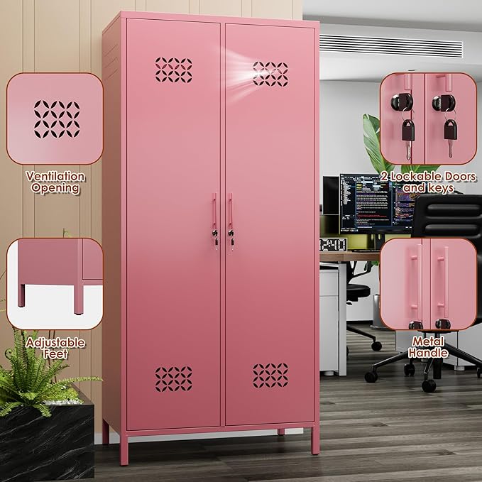 SUPEER 2 Doors Metal Storage Locker with Adjustable Shelves and 2 Hanging Rods, Metal Wardrobe Cabinet with Lock,Wardrobe Lockers for Home,Office,Assembly Required,Pink