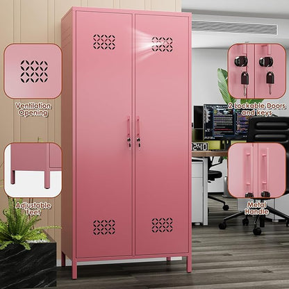 SUPEER 2 Doors Metal Storage Locker with Adjustable Shelves and 2 Hanging Rods, Metal Wardrobe Cabinet with Lock,Wardrobe Lockers for Home,Office,Assembly Required,Pink