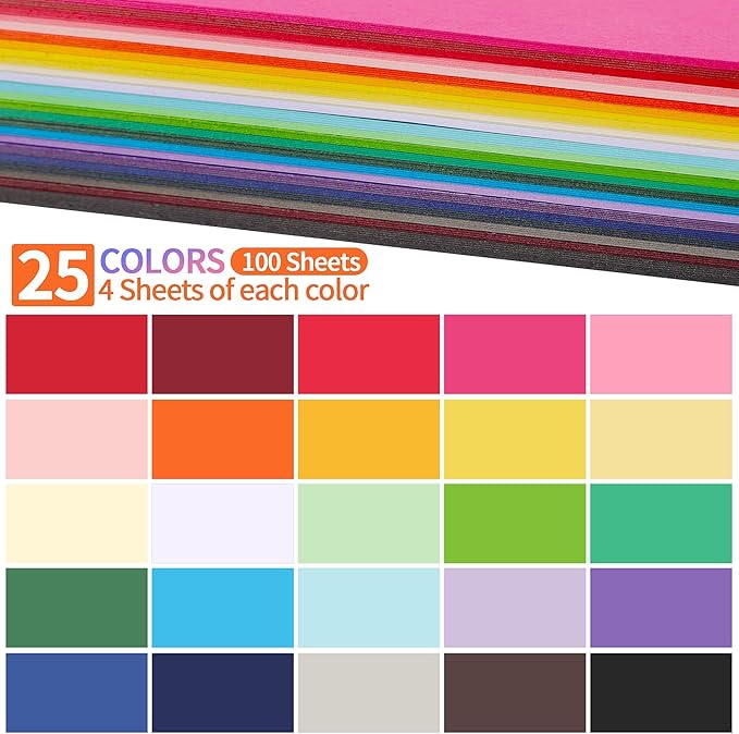 100 Sheets Colored Cardstock 25 Colors - 8.5 X 11 Inches Art Crafts Construction Paper, 92lb/250gsm Heavy Weight Thick Card Stock Paper for Printer, DIY Cards Making, Scrapbooking UAP24MX100