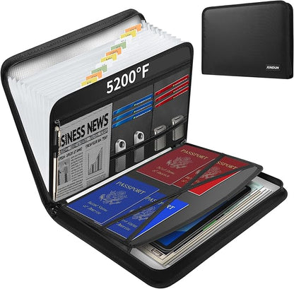 JUNDUN 5200℉ Fireproof Document Organizer, Multi-Pockets Accordion File Organizer with Zipper & Labels, Upgraded Heat Insulated 13 Pockets Expanding File Folder for Letter A4 Files and More
