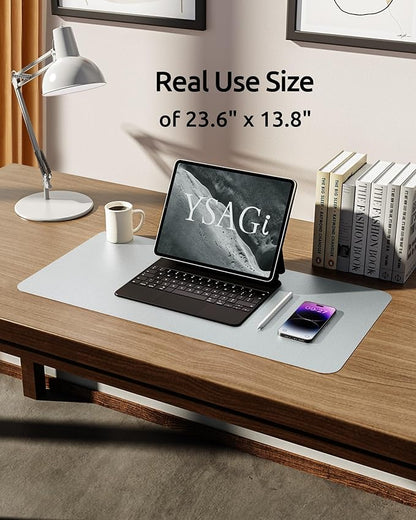 YSAGi Leather Desk Pad Protector, Office Desk Mat, Large Mouse Pad, Non-Slip PU Leather Desk Blotter, Laptop Desk Pad, Waterproof Desk Writing Pad for Office and Home (Silver, 23.6" x 13.8")