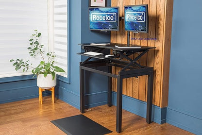 Rocelco 40" Large Height Adjustable Standing Desk BUNDLE - Quick Sit Stand Up with Floor Stand - Tall Gas Spring Assist Computer Workstation - Retractable Keyboard Tray - Black (R DADRB-40-FS2)
