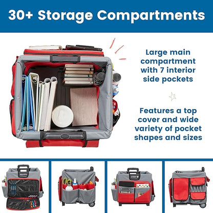 ECR4Kids Universal Rolling Cart with Canvas Organizer Bag, Mobile Storage, Red/Grey