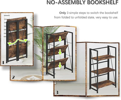 4NM No Assembly Folding Bookshelf Storage Shelves 3 Tiers Vintage Bookcase Standing Racks Study Organizer Home Office (Rustic Brown Black)