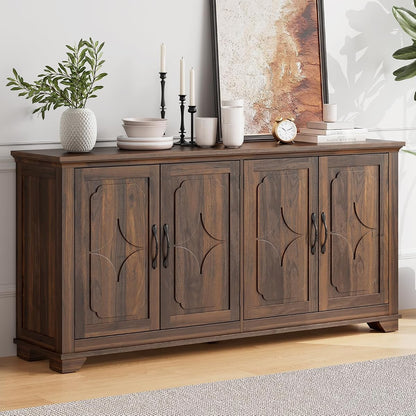 63 Inch Buffet Cabinet with Storage, 4 Carved Doors, Brown