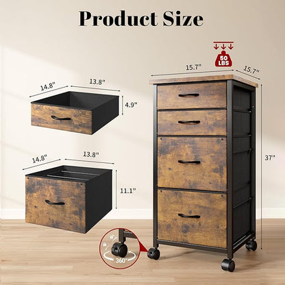 4 Drawers Mobile File Cabinet Vertical Filing Cabinet with Fabric Drawer Fits A4/Letter Size Printer Stand for Home Office，Rustic Brown