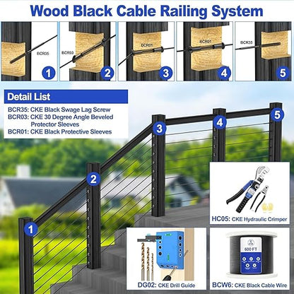 CKE 150 Pack T316 Stainless Steel Black Protector Sleeves for 1/8" 5/32" or 3/16" Cable Deck Stair Railing Kit System, Black Cable Railing Protective Sleeves for Wood Posts, DIY Balustrade, BCR01-3/16