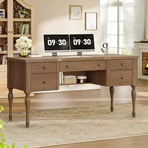59in Wood Executive Desk with Solid Wood Legs & Keyboard Tray, Brown