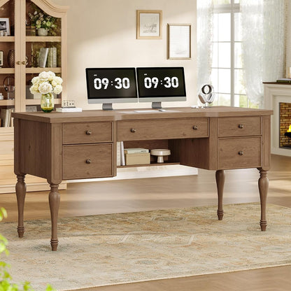 59in Wood Executive Desk with Solid Wood Legs & Keyboard Tray, Brown