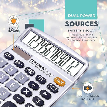 CATIGA 12 Digits Desktop Calculator with Large LCD Display, Dual Solar Power and Battery, Standard Function for Office, Home, School, CD-2786