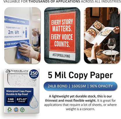 TerraSlate Premium Waterproof Paper, 5 MIL 8.5” x 11”, Laser Printer & Copy Machine Compatible, Durable & Rain/Weather-Proof Copy Paper, White Paper (250 Sheets)