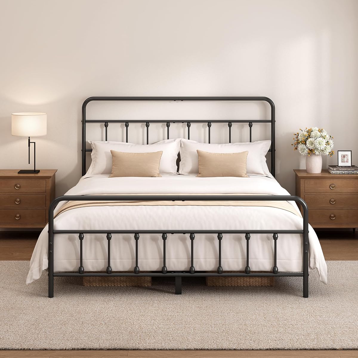 Queen Size Metal Bed Frame with Headboard and Footboard,Black