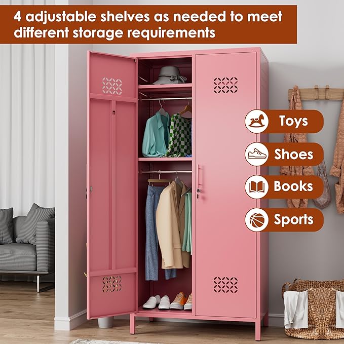 SUPEER 2 Doors Metal Storage Locker with Adjustable Shelves and 2 Hanging Rods, Metal Wardrobe Cabinet with Lock,Wardrobe Lockers for Home,Office,Assembly Required,Pink