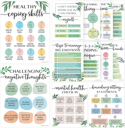 Mental Health Posters - 12 PCS (11"x14") - Coping Skills, Boundary Statements and Growth Mindset for Classroom, Therapy Office, Counseling Decor, Mental Health Gifts, School Counselor, Psych Supplies