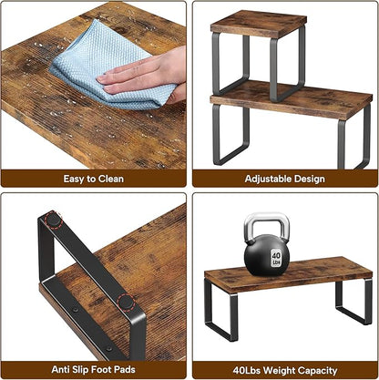 Homeiju Wooden Desktop Organizer Shelf, 2-Tier Adjustable Freestanding Bookshelf Desk Shelf, Stackable Desk Organizer for Office, Dorm, Bedroom, Space Saving, Easy Assembly, Rustic Brown (1 Pack)
